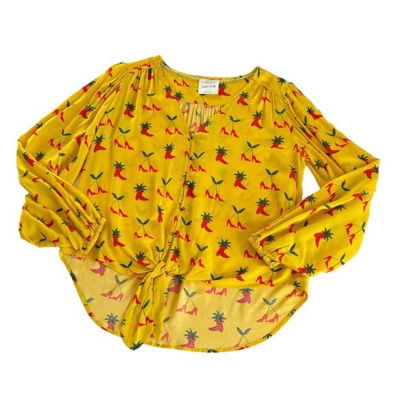 Anthropologie Kendra Dandy Yellow Dreamer Button Down Tie Waist Blouse Size 4 - Picture 1 of 9